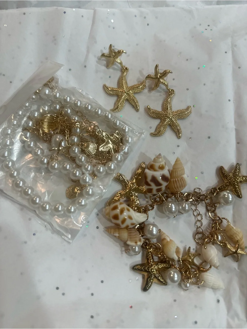 Gold Starfish & Shell Charm Bracelet , necklace and earrings s- Women Accessorie